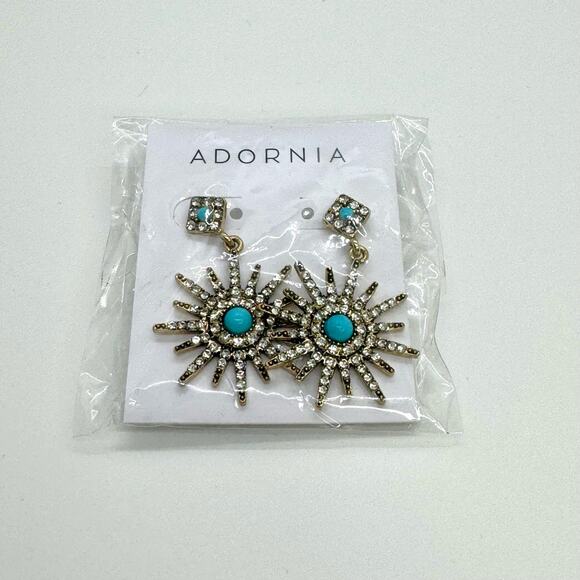 NEW Adornia Turquoise Swarovski Crystals Starburst Earrings 14K Gold Plated - Picture 5 of 5
